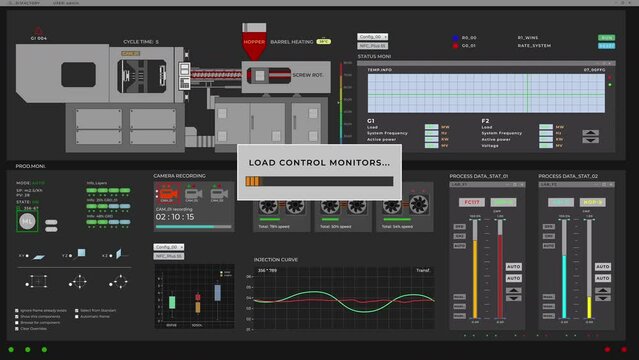 Loading the ui of the industrial equipment control system. Controlling the production equipment using the modern program ui. Controlling the manufacturing equipment with monitor software ui.