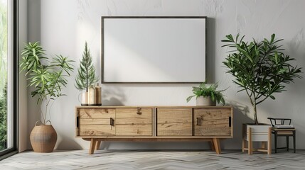 blank frame mockup on white wall living room with wooden sideboard with green plant