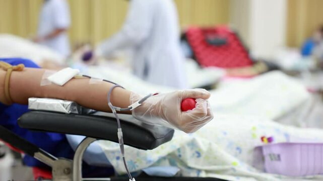 Close Up Shot Of Hand Of Male Blood Donor With an Attached Catheter. Black Man Holding Heart-Shaped Red Ball To Pump Blood Through The Tubing Into Bag. 