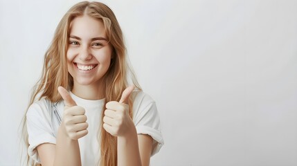 Portrait of fair-haired beautiful female student or customer with broad smile, looking at the camera with happy expression, showing thumbs-up with both hands, achieving study goals. Body language 