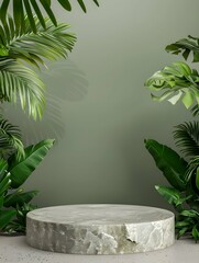 Obraz premium Product advertising podium with tropical leaves background. Empty natural stone pedestal platform for displaying products 