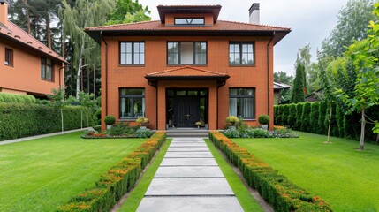 Traditional house with a charming brick exterior, cozy interiors visible through open windows, a true representation of a classic residence and family life