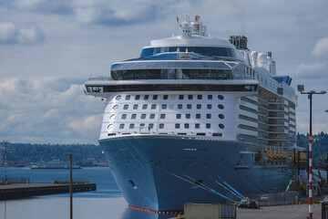 Modern Royal family cruiseships cruise ship ocean liners in port of Seattle, Washington State docked at terminal before Alaska summer cruising on sunny day