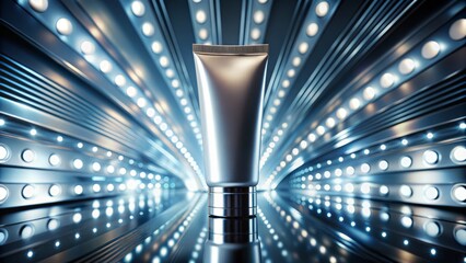 High-angle shot of a 3D rendered cosmetic tube rotating and moving in a futuristic, gleaming metallic backgrounds and abstract lights