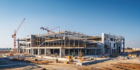 Construction Site with Cranes and Unfinished Building