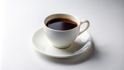 Stark, solitary black coffee fills a pristine white ceramic cup, standing alone on a bright, crisp, virginal white background.
