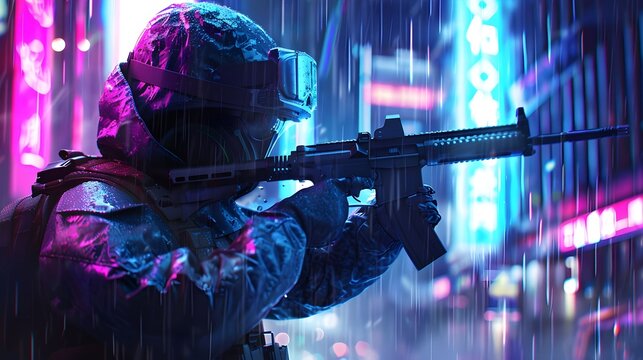 Soldier or police man holds machine gun in neon cyberpunk city in rain, futuristic cyber military and weapon. Concept of future, dystopia, portrait