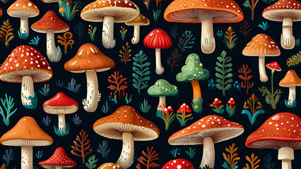 Illustration of a pattern showcasing the diversity of mushrooms and fungi