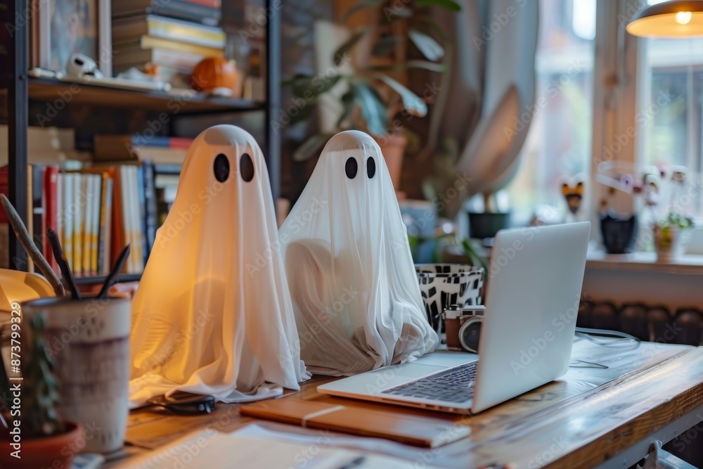 Wall mural two cute ghost figures using a laptop at a cozy, cluttered home office, creating an amusing contrast