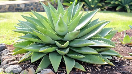 Fototapeta premium The aloe vera plant in the yard grows well, showing thick and green aloe vera leaves