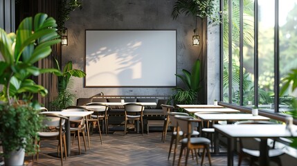 Blank white billboard in a restaurant