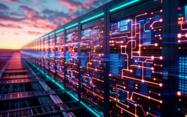 Obraz premium Futuristic Server Room with Neon Lights.