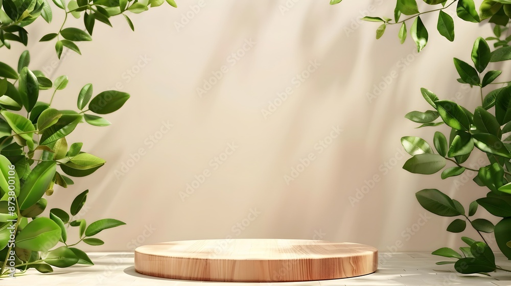 Canvas Prints wooden podium product with natural green leaves for presentation design or product display