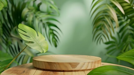 wooden podium product with natural green leaves for presentation design or product display