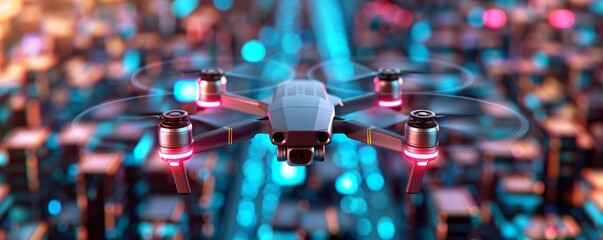 Drone flying over a city at night.