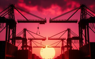 Silhouettes of Cranes at Sunset.