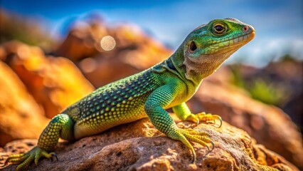 Fototapeta premium A majestic green lizard species perches on a sun-baked rock, blending into the arid desert landscape with spiky scales glistening.