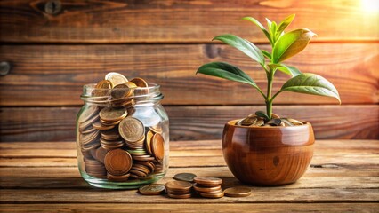 A ceramic money jar filled with coins and a small potted plant, symbolizing growth and prosperity, sits on a rustic wooden table.
