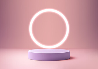 3D Round Purple Podium with Glowing Neon Circle on Pink Background, Minimal Style, Technology Concept, Product Display, Mockup, Showroom
