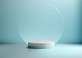 Minimal White and Blue 3D Podium with Circle Glass Backdrop, Modern Concept for Product Display