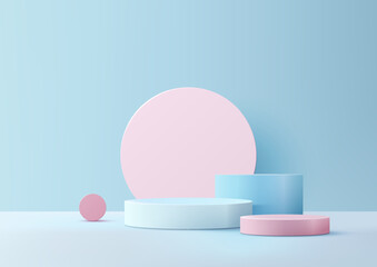 3D Pink and Blue Podium with Circles Backdrop, Modern Product Display and Mockup