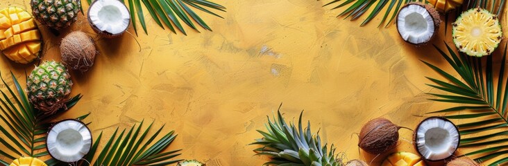 Tropical Fruits and Palm Leaves on Yellow Background
