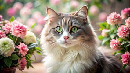 Adorable cat with soft grey fur and bright green eyes posing on a vintage chair surrounded by pink flowers arrangement.