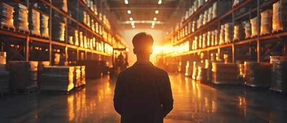 Silhouette of a manager directing storage operations in a busy warehouse, forklifts moving cargo, dynamic lighting, photo-realistic, low-angle shot
