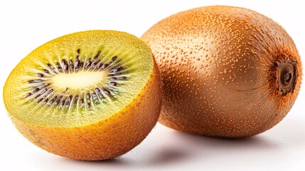 Fototapeta premium Two mature golden kiwis on a white backdrop.