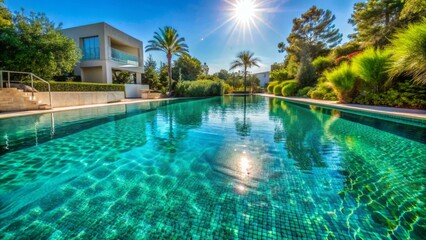 Clear blue pool water with ripples and reflection of surrounding trees and buildings, golden sunlight shining through the surface.