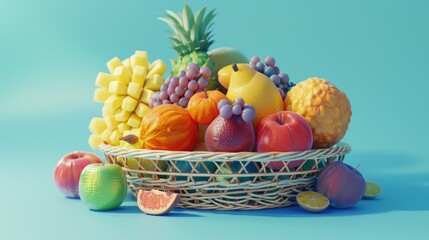 A wicker basket filled with fresh fruit, including apples, pears, grapes, and a pineapple, against a bright blue background.