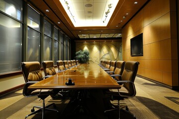 Stylish A conference room, Conference room with wooden paneled wall, AI generated