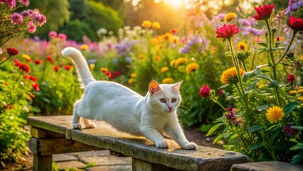 Serenely beautiful fluffy white cat stretches on weathered stone bench amidst vibrant colorful flowers and lush greenery in idyllic garden setting.