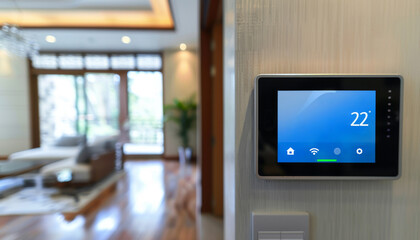 Smart Home Automation Technology Control Panel with Digital Thermostat, Smart Door Lock, and Security Camera System on Tablet Display