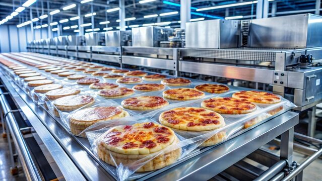 Automated machinery efficiently conveys rows of freshly baked, cheese-topped pizzas through transparent plastic wrapping and boxing stations.
