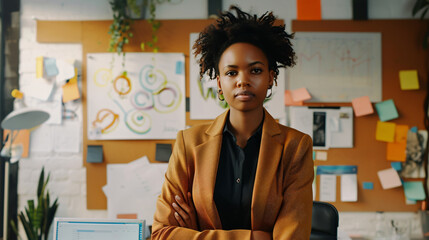 A thoughtful businesswoman strategizing a marketing campaign at her office, focusing intently on planning and decision-making to achieve business goals.