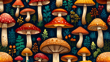Illustration of a pattern showcasing the diversity of mushrooms and fungi
