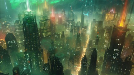 Obraz premium A surreal metropolis under a sky ablaze with auroras, where skyscrapers are intertwined with giant trees hosting mythical creatures.