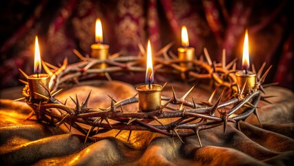 Baroque-style golden crown of thorns rests on a worn, ancient stone pedestal, surrounded by subtle, warm candlelight and shadows.