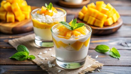 Vibrant tropical dessert featuring sliced fresh mango and shaved coconut on top of creamy white pudding in small glass cups.