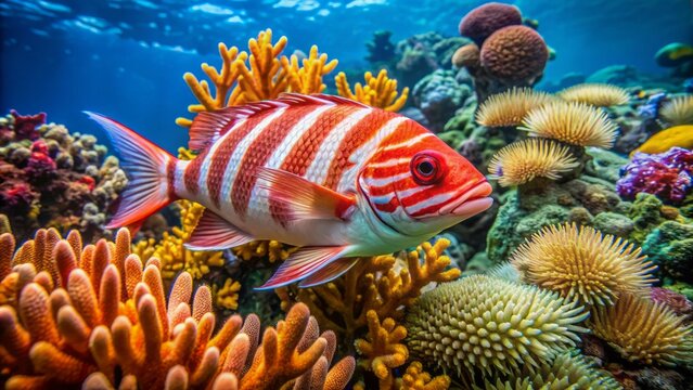 Vibrant red and white striped fish swims in front of coral reef with seaweed and ocean floor debris surrounding it.