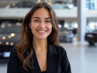 Obraz premium Portrait of beautiful business person smiling consultant in car salon. Car dealer in showroom