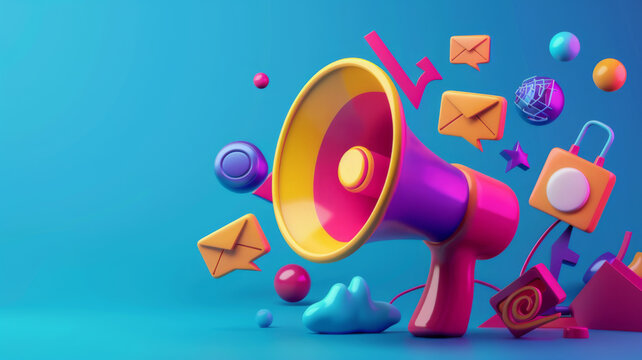 Vibrant  megaphone various marketing buzzwords like SEO social media  public relations Concept Marketing Trends