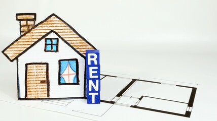 House for sale with written (RENT) 3D stacked house and apartment drawing with white background.