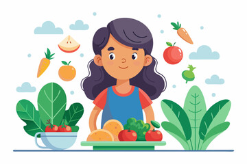 A girl joyfully presents a plate with various fruits and vegetables. In the image, a young girl is presented holding a plate filled with an assortment of fruits and vegetables in her hands with a smil