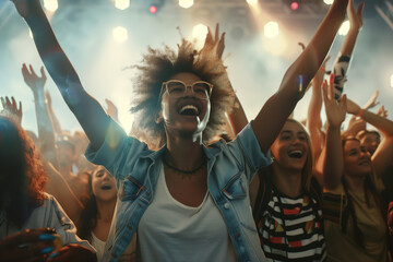 Photo of young cheerful afro american girl happy positive smile have fun at a party with diverse crowds