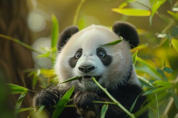 Closeup of a cute panda bear enjoying bamboo leaves in a serene forest setting