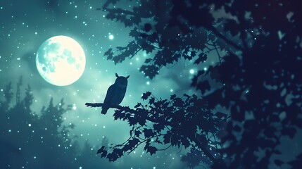 Fototapeta premium owl with full moon on night hallowen scene