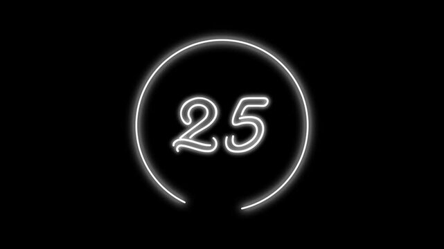 30 seconds silver (grey) color neon light countdown timer on black background. Animated circle shaped stylish smooth tailed line indicator. Neon and shady nightlife concept