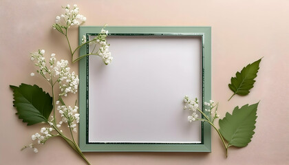 Elegant empty white picture frame with flowers on beige
Close-up of a picture frame with white flowers and leaves
Empty White frame with floral arrangement, backdrop
